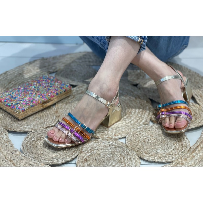 Sandalias de Tacón Bajo Oro&Multicolor