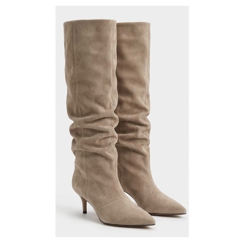 Botas Altas Arrugadas de Tacón Fino en Antelina (Estilo...