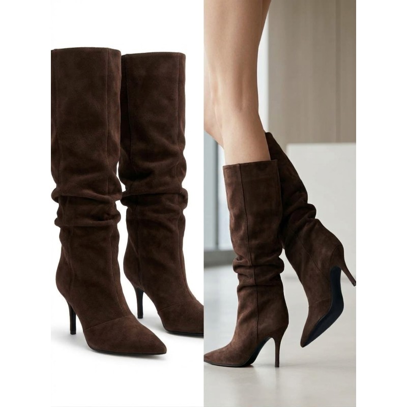 Botas Altas Arrugadas de Tacón Fino...