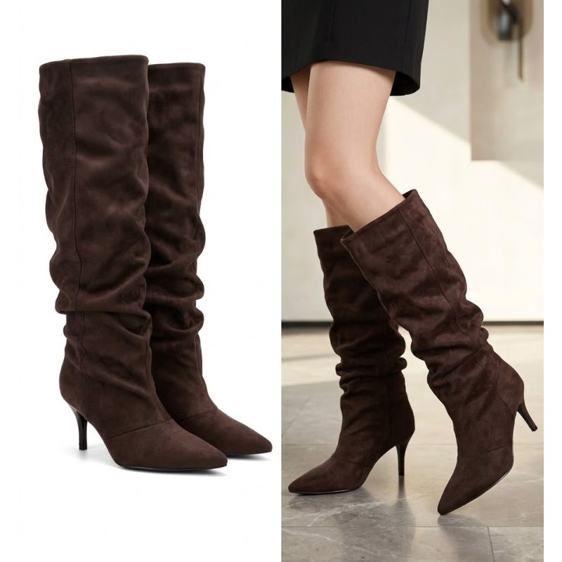 Botas Altas Arrugadas de Tacón Fino...