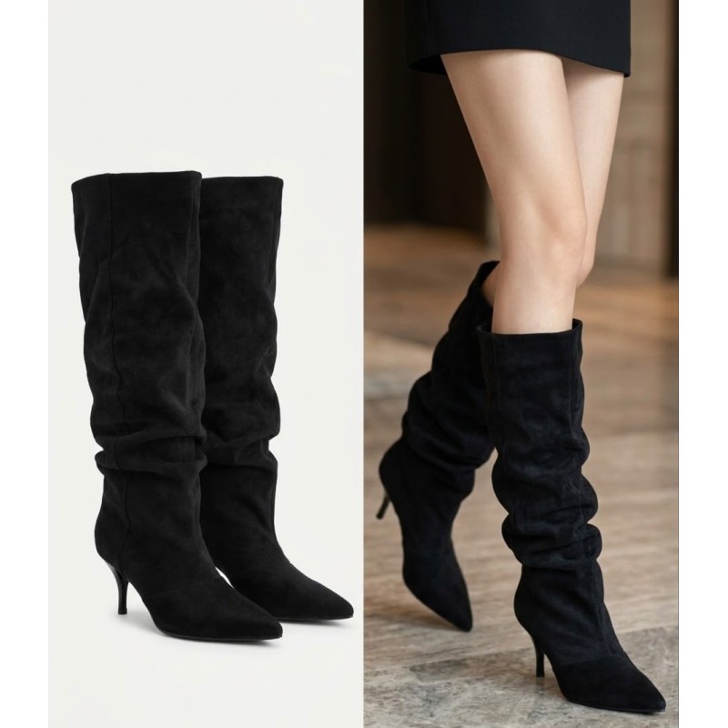 Botas Altas Arrugadas de Tacón Fino...