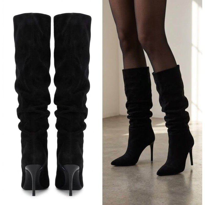 Botas Altas Arrugadas de Tacón Fino...